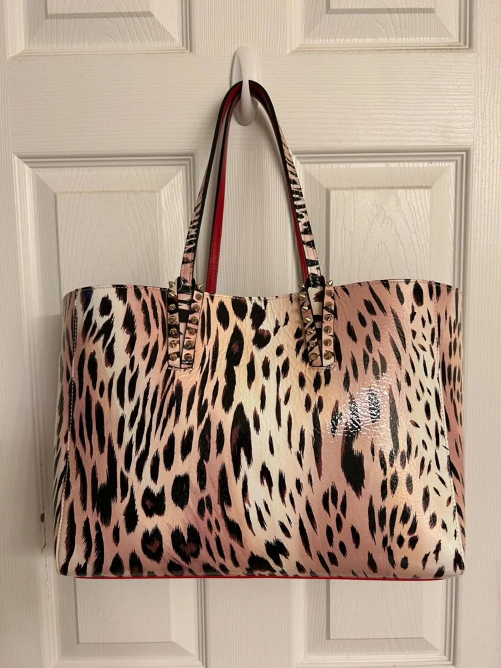 Christian Louboutin Cabata Beige Cheetah Leather Tote Matching Pouch Dust Bag